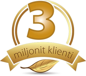 Kuldne embleem, millel on ülaosas suur number „3” ja allkirjas „miljonit klienti”.