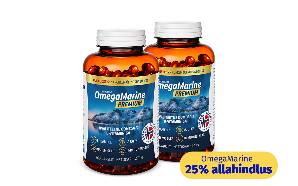Toidulisandite komplekt: tasuta Melatoniin une parandamiseks ja OmegaMarine™ Premium Omega-3 ja D-vitamiiniga, Norra retsepti järgi, soodushinnaga -25%.