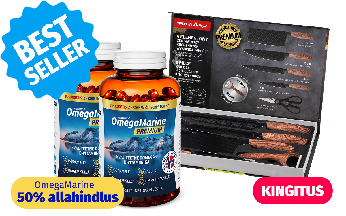 Toidulisandite sooduspakkumine: tasuta Melatoniin une jaoks, kaks pakendit OmegaMarine™ Premium Omega-3 ja D-vitamiiniga, Norra retsepti järgi. Märgistused: „BEST SELLER”, „TASUTA!”, „KINGITUS” ja „50% allahindlus”. Komplektis ka trekkingukepid kingituseks.