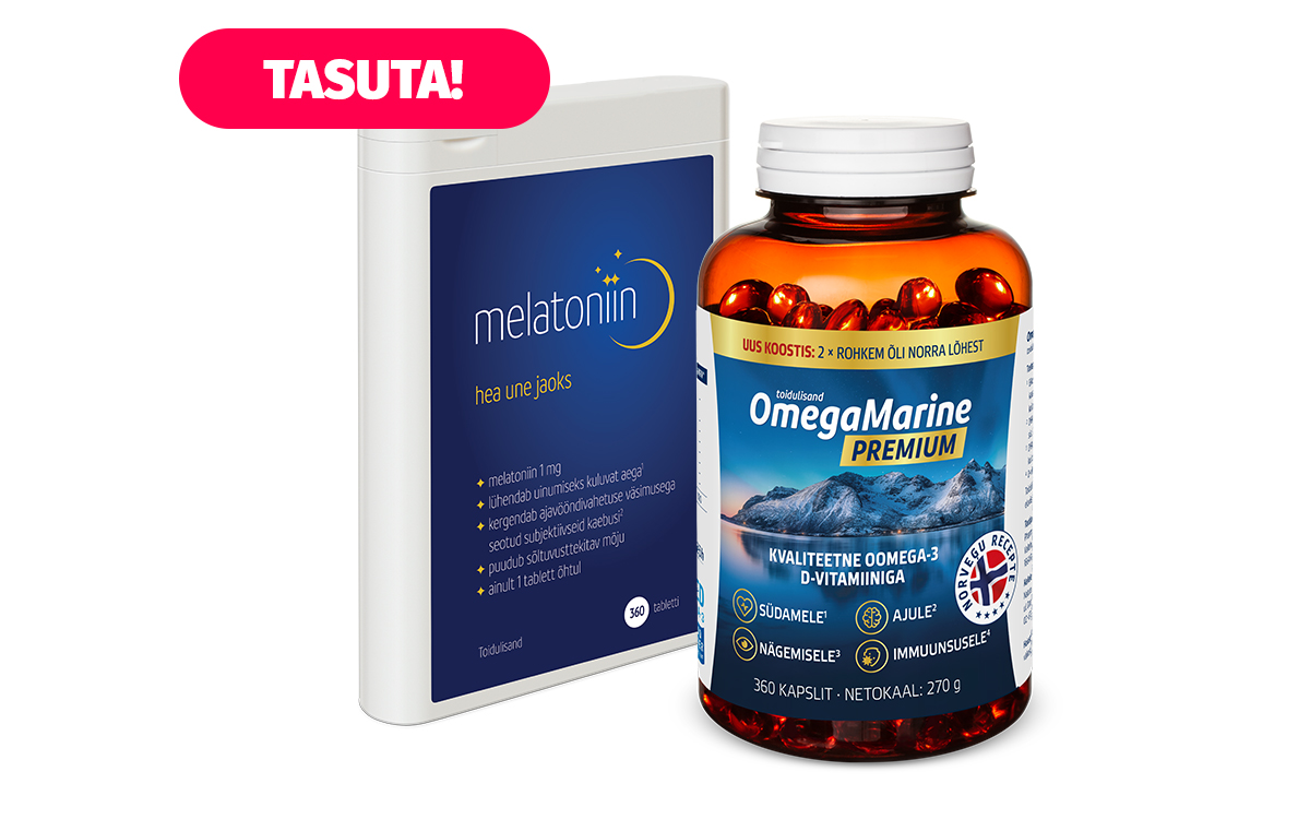 Toidulisandite komplekt: tasuta Melatoniin une parandamiseks ja OmegaMarine™ Premium Omega-3 ja D-vitamiiniga, Norra retsepti järgi, soodushinnaga -25%.