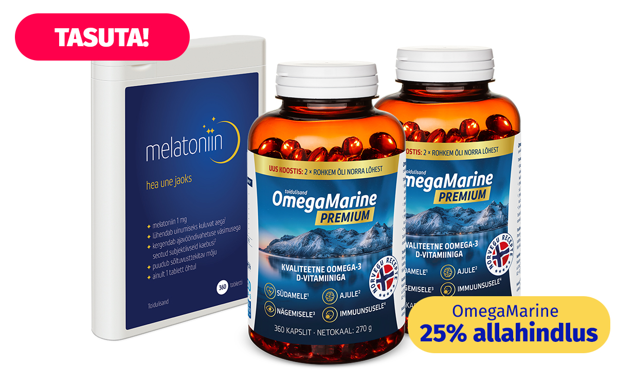 Toidulisandite komplekt: tasuta Melatoniin une parandamiseks ja OmegaMarine™ Premium Omega-3 ja D-vitamiiniga, Norra retsepti järgi, soodushinnaga -25%.