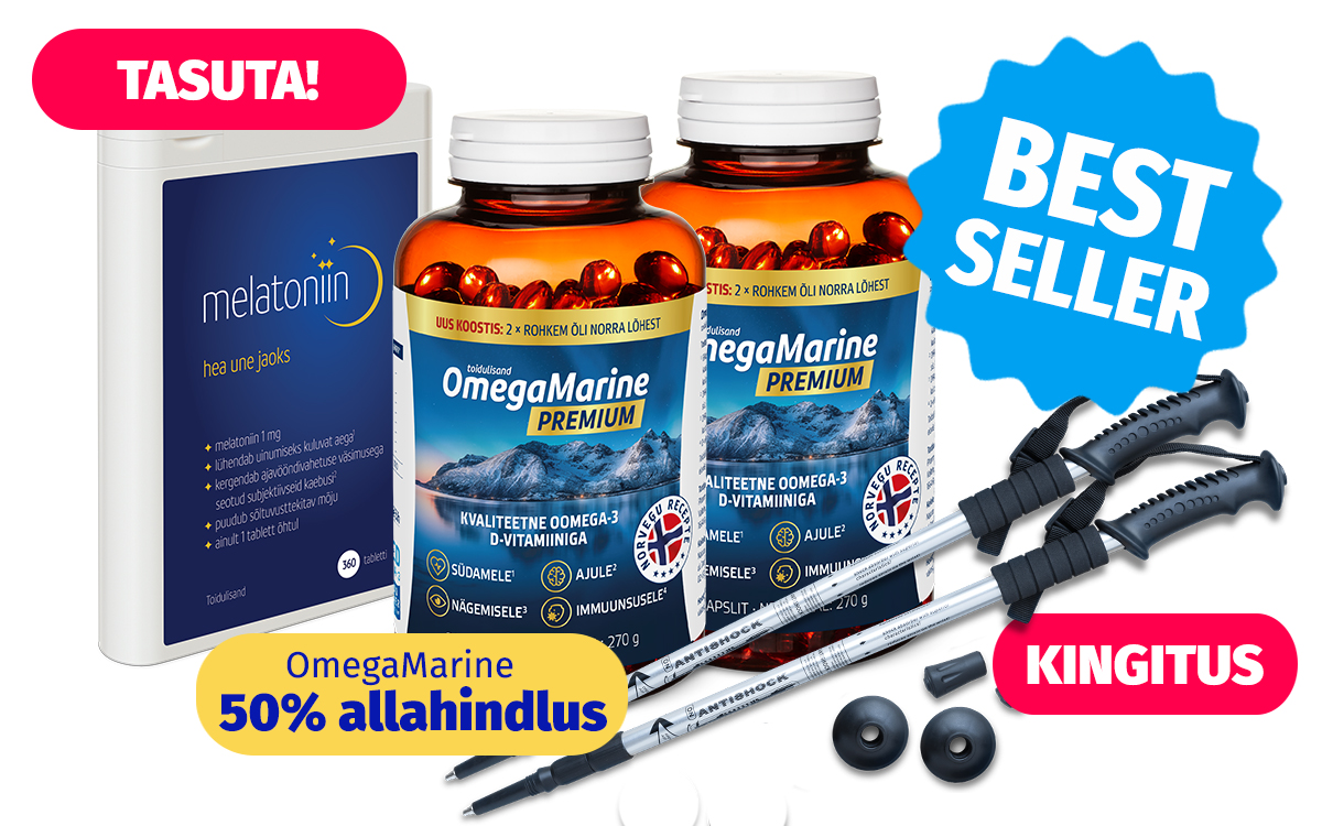 Toidulisandite sooduspakkumine: tasuta Melatoniin une jaoks, kaks pakendit OmegaMarine™ Premium Omega-3 ja D-vitamiiniga, Norra retsepti järgi. Märgistused: „BEST SELLER”, „TASUTA!”, „KINGITUS” ja „50% allahindlus”. Komplektis ka trekkingukepid kingituseks.